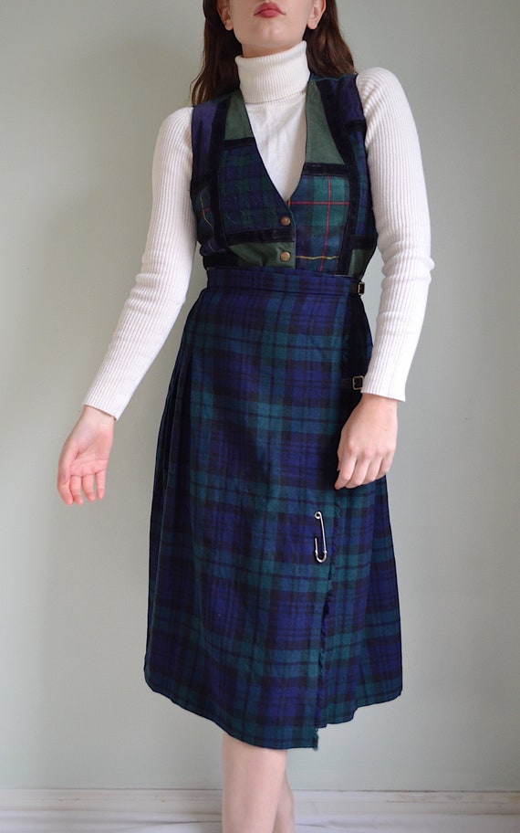 vintage 80s pure wool blue and green plaid midi a… - image 2