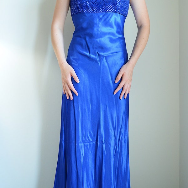 vintage 80s cobalt blue babydoll maxi prom dress with sequins from finesse u.s.a