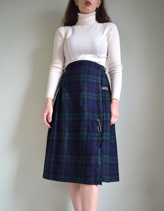 vintage 80s pure wool blue and green plaid midi a… - image 1