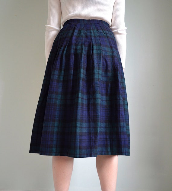 vintage 80s pure wool blue and green plaid midi a… - image 3