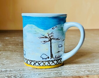 Sheep mug handpainted mug bellissima tazza pecore dipinta a mano sheep art tazza paesaggio naïf campagna con neve e pecore