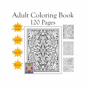 Pode incluir: Livro de colorir para adultos com 120 p&aacute;ginas. A capa apresenta um design de mandala preto e branco. O livro inclui p&aacute;ginas imprim&iacute;veis com designs florais e mandalas.