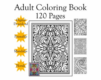 Libro para colorear para adultos de 120 páginas PDF / Descarga digital / Mandala equilibrado y diseños florales / Estilo de arte tradicional / Actividad consciente
