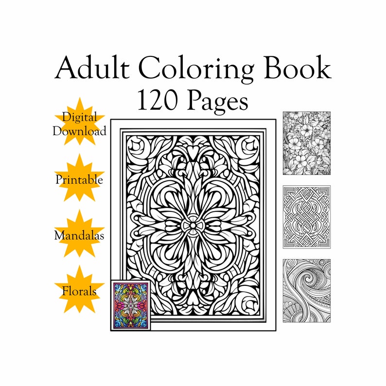 Pode incluir: Livro de colorir para adultos com 120 p&aacute;ginas. A capa apresenta um design de mandala preto e branco. O livro inclui p&aacute;ginas imprim&iacute;veis com designs florais e mandalas.