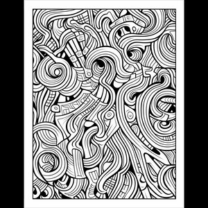 Pode incluir: Ilustra&ccedil;&atilde;o abstrata em preto e branco com linhas e padr&otilde;es em espiral intrincados. O design lembra um labirinto ou uma rede complexa.