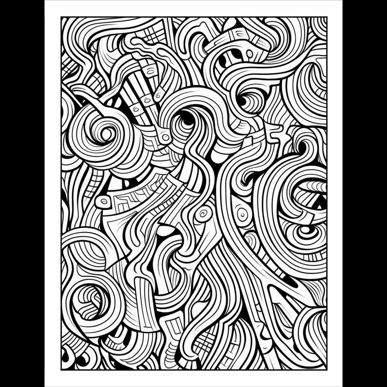 Pode incluir: Ilustra&ccedil;&atilde;o abstrata em preto e branco com linhas e padr&otilde;es em espiral intrincados. O design lembra um labirinto ou uma rede complexa.