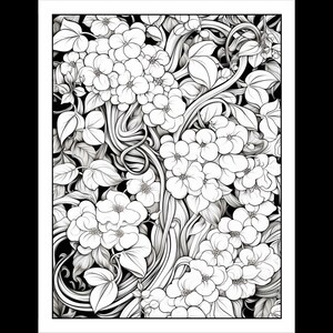 Pode incluir: Uma ilustra&ccedil;&atilde;o em preto e branco de um desenho floral com detalhes intrincados. O desenho apresenta um grupo de flores com p&eacute;talos delicados e folhas, tudo entrela&ccedil;ado com videiras em espiral.