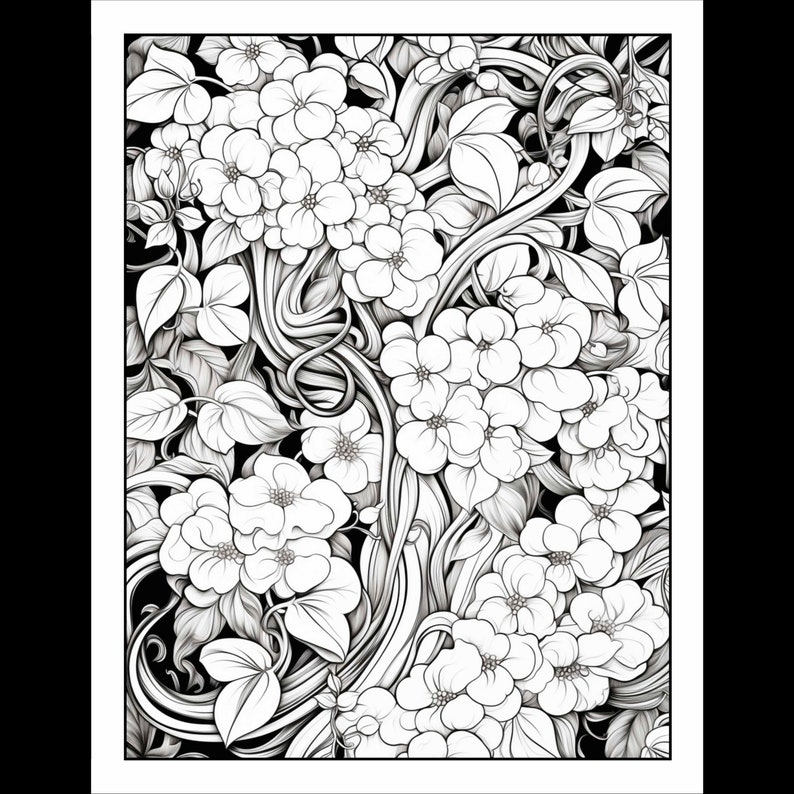 Pode incluir: Uma ilustra&ccedil;&atilde;o em preto e branco de um desenho floral com detalhes intrincados. O desenho apresenta um grupo de flores com p&eacute;talos delicados e folhas, tudo entrela&ccedil;ado com videiras em espiral.