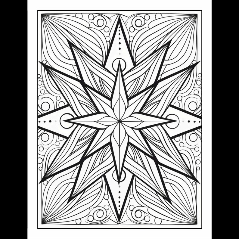 Pode incluir: Um design de mandala preto e branco com um padr&atilde;o de estrela no centro. O design &eacute; intrincado e detalhado, com uma variedade de formas e linhas.