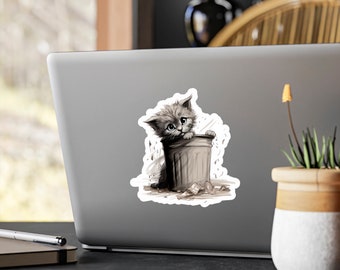 Calcomanía de lindo gatito gris: mirando juguetonamente desde un bote de basura (¡impermeable!)
