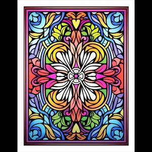 Pode incluir: Um desenho de vitral colorido com um padr&atilde;o floral em tons de rosa, laranja, amarelo, verde e azul. O desenho &eacute; sim&eacute;trico e apresenta uma flor central com quatro p&eacute;talos.