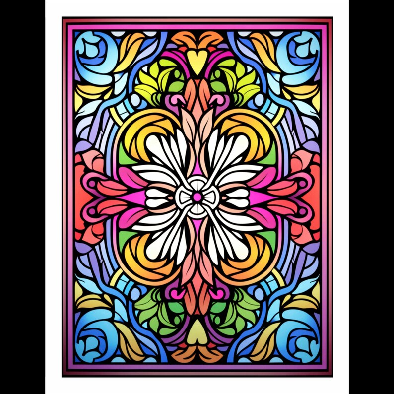 Pode incluir: Um desenho de vitral colorido com um padr&atilde;o floral em tons de rosa, laranja, amarelo, verde e azul. O desenho &eacute; sim&eacute;trico e apresenta uma flor central com quatro p&eacute;talos.