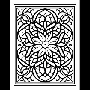 Pode incluir: Desenho intrincado em preto e branco com um padr&atilde;o floral. O desenho &eacute; sim&eacute;trico e tem um padr&atilde;o repetitivo de folhas e flores.