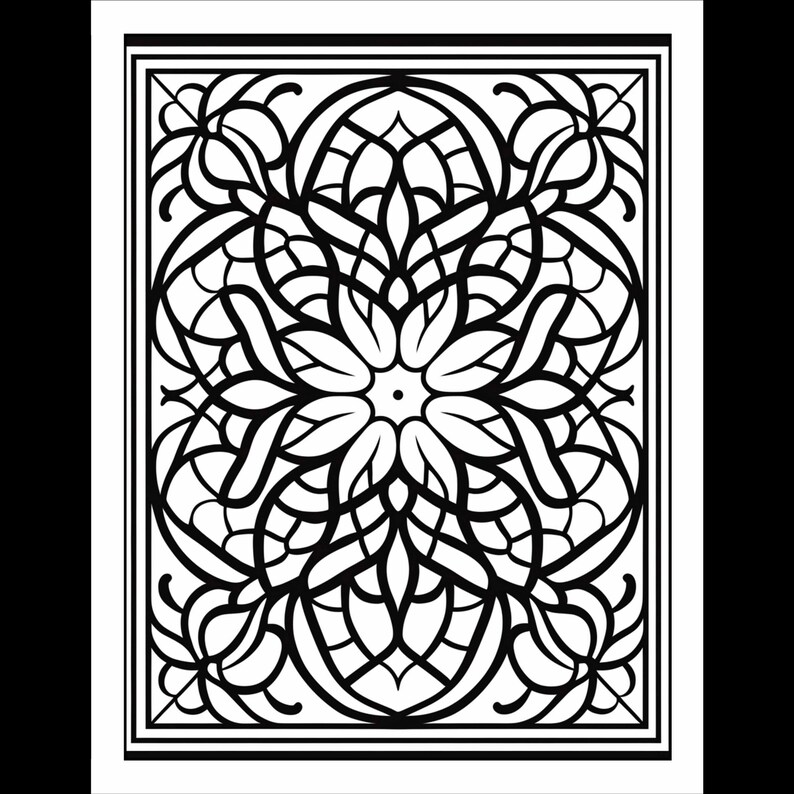 Pode incluir: Desenho intrincado em preto e branco com um padr&atilde;o floral. O desenho &eacute; sim&eacute;trico e tem um padr&atilde;o repetitivo de folhas e flores.