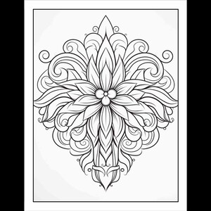 Pode incluir: Um desenho a preto e branco de uma flor estilizada com detalhes intrincados. A flor tem um c&iacute;rculo central com quatro p&eacute;talos e &eacute; rodeada por folhas em espiral.