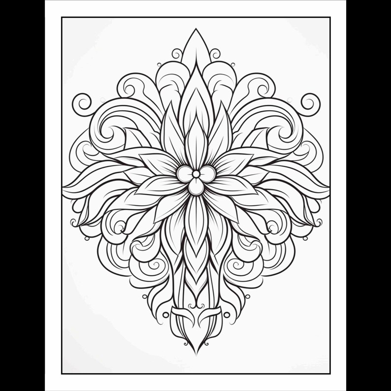 Pode incluir: Um desenho a preto e branco de uma flor estilizada com detalhes intrincados. A flor tem um c&iacute;rculo central com quatro p&eacute;talos e &eacute; rodeada por folhas em espiral.