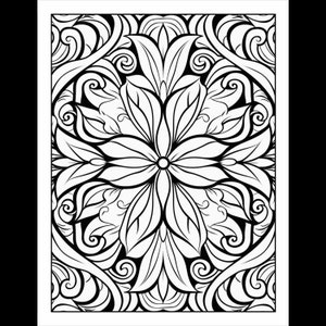 Pode incluir: Um desenho floral intrincado em preto e branco com um padr&atilde;o sim&eacute;trico. O desenho apresenta uma flor central com quatro p&eacute;talas e &eacute; rodeado por flores e folhas menores.