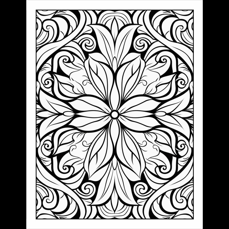 Pode incluir: Um desenho floral intrincado em preto e branco com um padr&atilde;o sim&eacute;trico. O desenho apresenta uma flor central com quatro p&eacute;talas e &eacute; rodeado por flores e folhas menores.