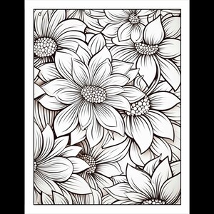 Pode incluir: Um desenho a preto e branco de um padr&atilde;o floral com v&aacute;rias flores. As flores s&atilde;o detalhadas e intrincadas, com muitas p&eacute;talas e um c&iacute;rculo central.