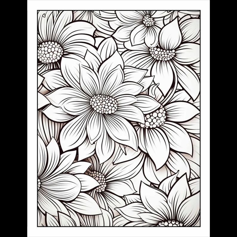 Pode incluir: Um desenho a preto e branco de um padr&atilde;o floral com v&aacute;rias flores. As flores s&atilde;o detalhadas e intrincadas, com muitas p&eacute;talas e um c&iacute;rculo central.