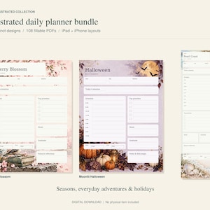 Pode incluir: Um pacote de planejadores diários ilustrados com 54 designs distintos e 108 PDFs preenchíveis para iPad e iPhone. A coleção inclui temas de Cherry Blossom, Moonlit Halloween e Pearl Coast com seções para horários, prioridades e anotações.