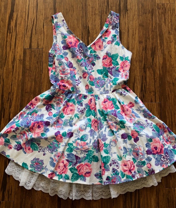 1950s summer floral mini dress, floral A-line dres
