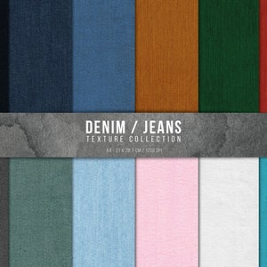 Puede incluir: Una colección de muestras de texturas de mezclilla y jeans en varios colores, incluyendo negro, azul marino, azul, marrón, verde y rojo. La imagen también presenta tonos más claros como rosa, blanco y turquesa. Se muestra el texto "DENIM / JEANS TEXTURE COLLECTION".