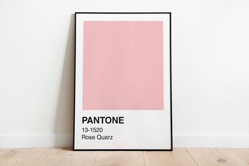 May include: A framed print featuring a solid block of Rose Quartz pink color, identified as Pantone 13-1520. The print has a white border and black frame, leaning against a white wall on a wooden floor.