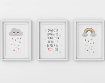 SET 3 POSTER. Wall decoration for children's room or nursery. Rainbow, cloud and rain. Digital download