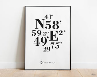 POSTER Coordinates City of Girona. Wall Decoration. Latitude & Longitude Girona. Download Instant. Printed Poster