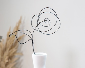 Black Wire Flower and Leaf, Metal Art, Abstract Flower, Wire Art, Line Art, Flower Wire, Rose Art, Single Rose Wire Art