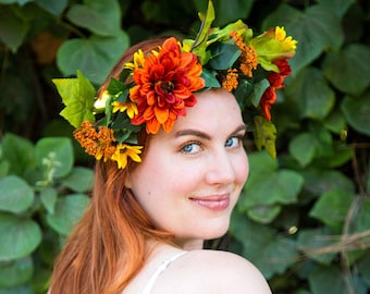 Autumn Flower Crown, Orange Floral Arrangement, Scarecrow Flower Crown, Big Flower Headband, Fall Festival Crown, Wedding Flower Accessories