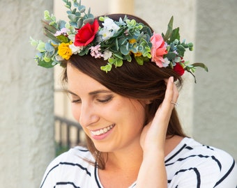 Couronne de fleurs Midsommar, Bandeau floral prairie printanière, Couronne d'eucalyptus artificiel, Accessoires de costume Midsommar, Fleurs printanières colorées