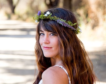 Artificial Lavender Flower Crown, Purple Floral Headband, Earthy Hair Accessories, Flower Wreath, Purple Meadow Green Headband, Bridal Hair