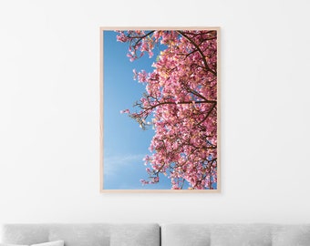 桜の木の写真プリント、ピンクの花柄ウォールアート（デジタルダウンロード）