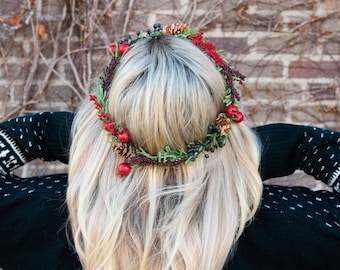 Christmas Wreath Crown, Artificial Flower Crown, Christmas Berry Head Crown, Holiday Crown, Head Wreath, Holiday Artificial Pine Cone Crown