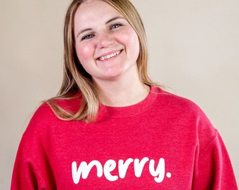 Merry Christmas Sweater, Christmas Crewneck, Heather Red Sweatshirt, Christmas Gifts, Christmas Apparel, Holiday Sweatshirt, Holiday Spirit