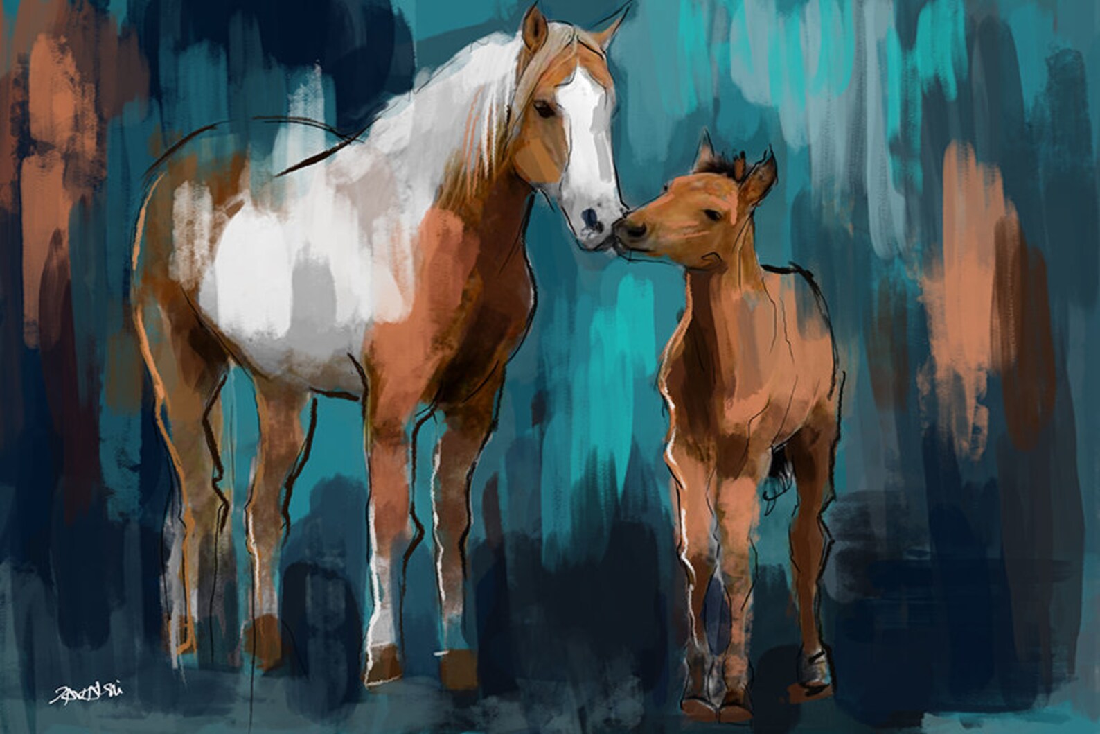 Horses Art Print Rustic Horse Painting Foal and Mom Canvas Etsy