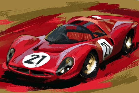 24h Le Mans 1967 ART-PRINT DIN A3 Cult Car Art Ferrari 330 P4 #21