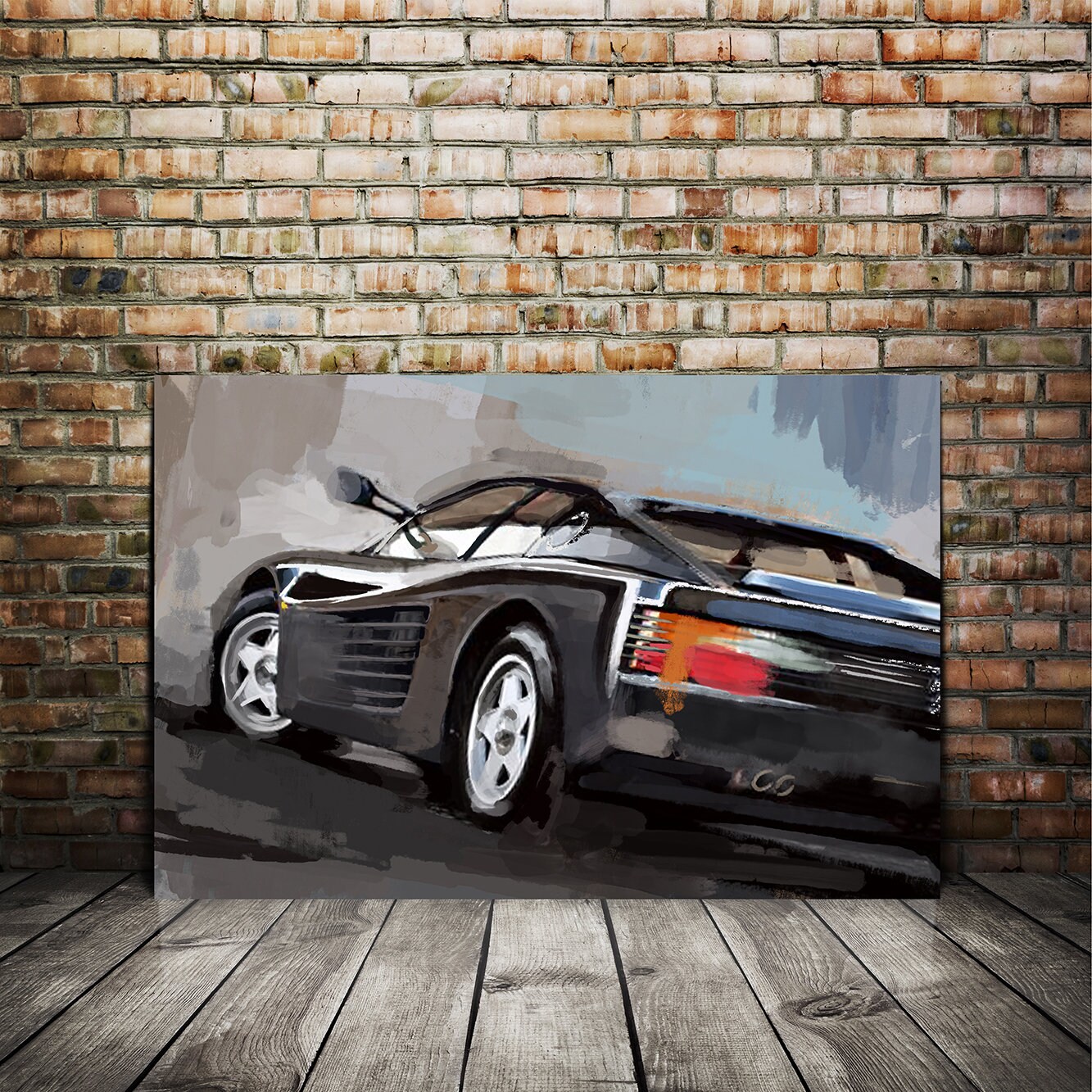 Ferrari Testarossa black painting car large wall decor. Canvas print or a paper giclee print