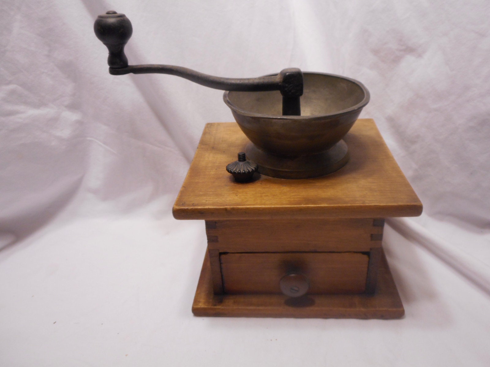 Antique Coffee Grinder With Wood Base 