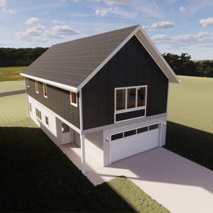 May include: A modern two-story house with a dark gray roof and black siding. The house has a white garage door and a driveway. The design features a combination of white and black exterior elements, with multiple windows.