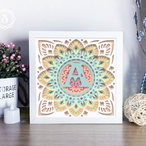 Monograma Mandala Alfabeto A-Z Caja de sombra 3D, Alfabeto Mandala SVG, Plantillas de corte de papel DIY Regalo Cricut Silueta