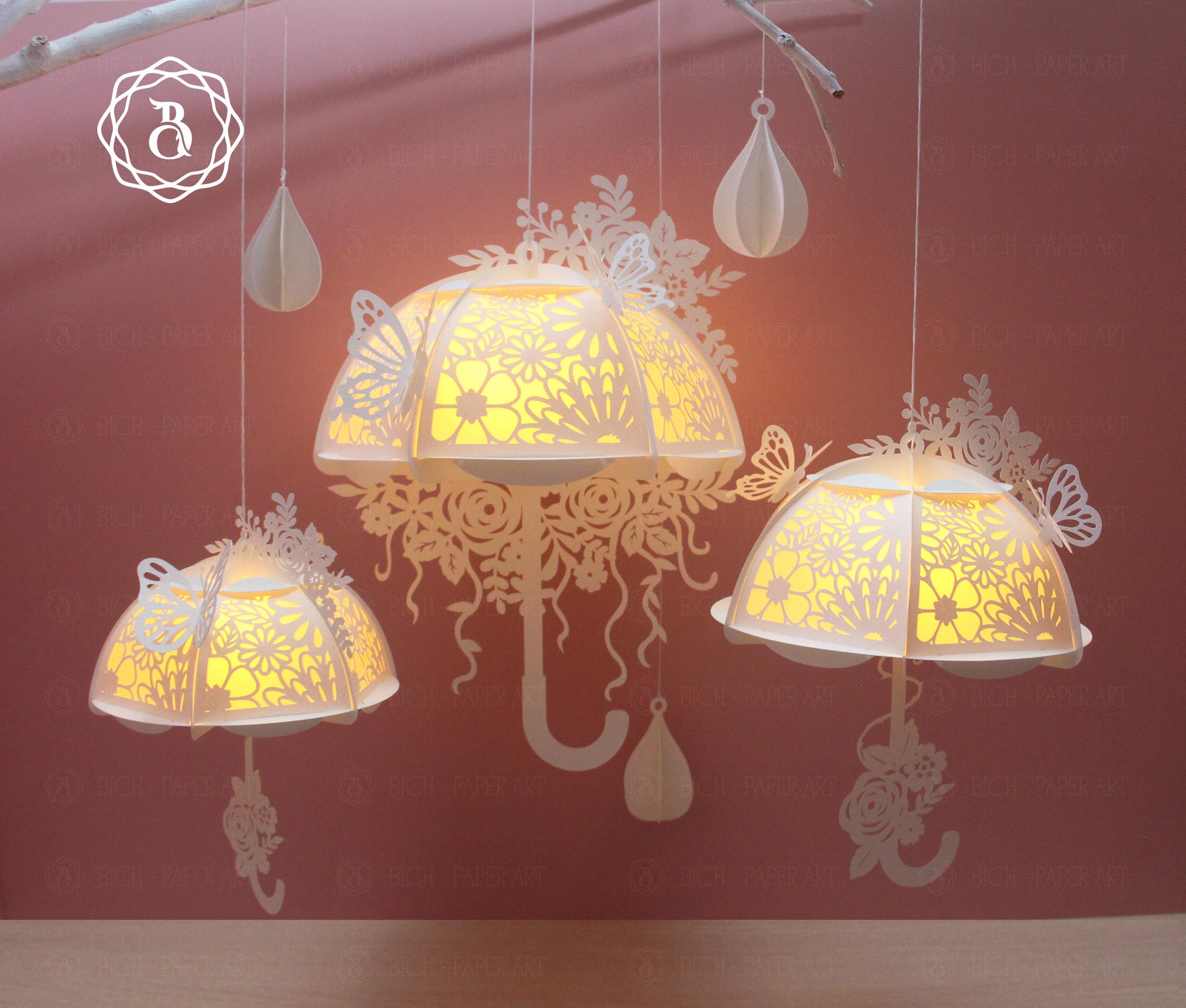 Combo 3 Paper Lanterns Flowers Umbrella SVG, Umbrella Lanterns, Spring Flowers Umbrella Paper Cut Template, DIY Paper Lanterns