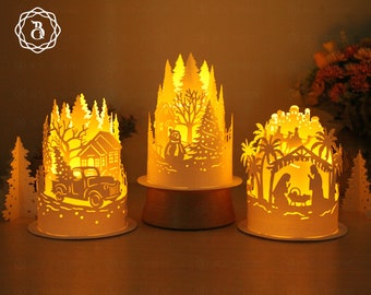 Combo 3 Items Paper Cut Lamp For Christmas - DIY Paper Cut Lamp - Merry Christmas SVG Files - Christmas Paper Lanterns