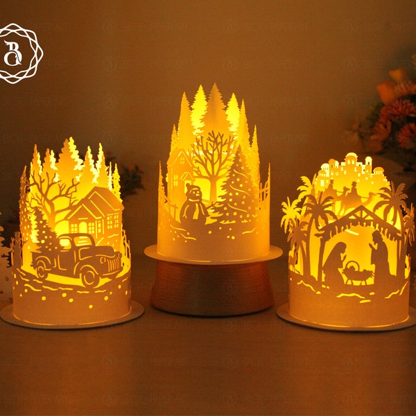 Combo 3 Items Paper Cut Lamp For Christmas - DIY Paper Cut Lamp - Merry Christmas SVG Files - Christmas Paper Lanterns