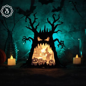 Halloween Witch In Ghost Tree Shadowbox - Halloween Paper Cutting Template File - Ghost Tree Light Shadowbox 3D