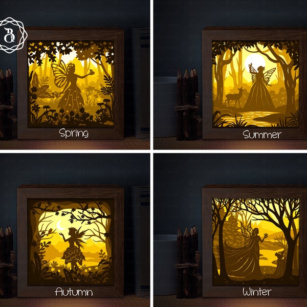 Four Seasons Fairies Shadow Box SVG - Light Box Template, 3D Shadow Box SVG, Paper Cutting Template, Light Box SVG Files