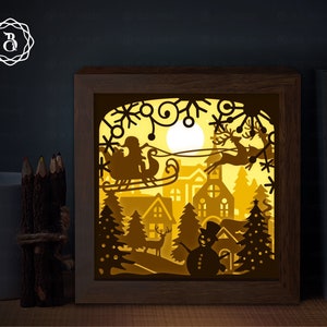 Santa and Reindeer Light Box Template: 3D Christmas Shadowbox (SVG, PNG, PDF)