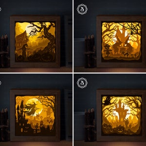 Combo 4 Halloween Shadow Box Templates, 3D Shadow Box SVG, Halloween Light box SVG